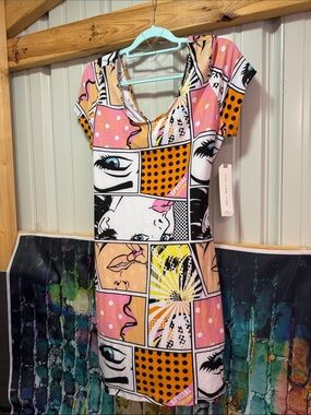 Almost Famous Pop Art Panel Mini Dress in Pink, Orange, Black & White